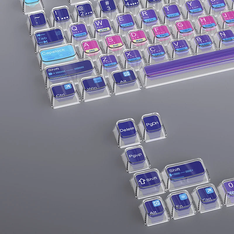 Different angles of the stunning Cosmic Code Crystal MDA Keycap Set, revealing 3D cosmic patterns in transparent crystal with sci-fi depth.