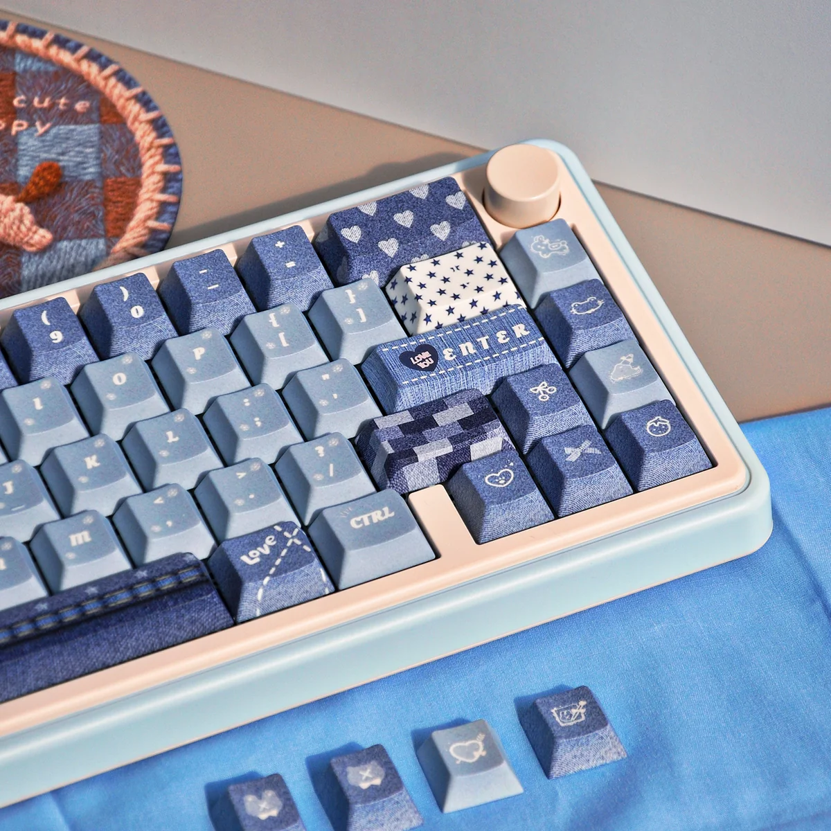 A close-up of the Vintage Cowboy PBT Keycap Set, highlighting its rustic texture and durable PBT construction, capturing authentic retro charm.