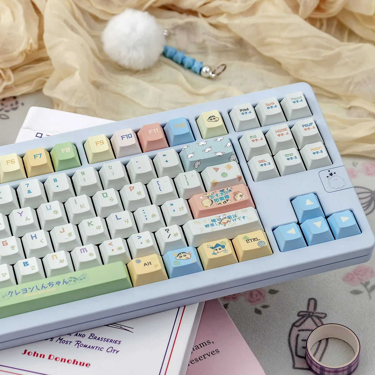 Vibrant Crayon Shin-chan PBT keycaps set, shown from various angles. Durable PBT material and playful anime characters for custom keyboard customization.