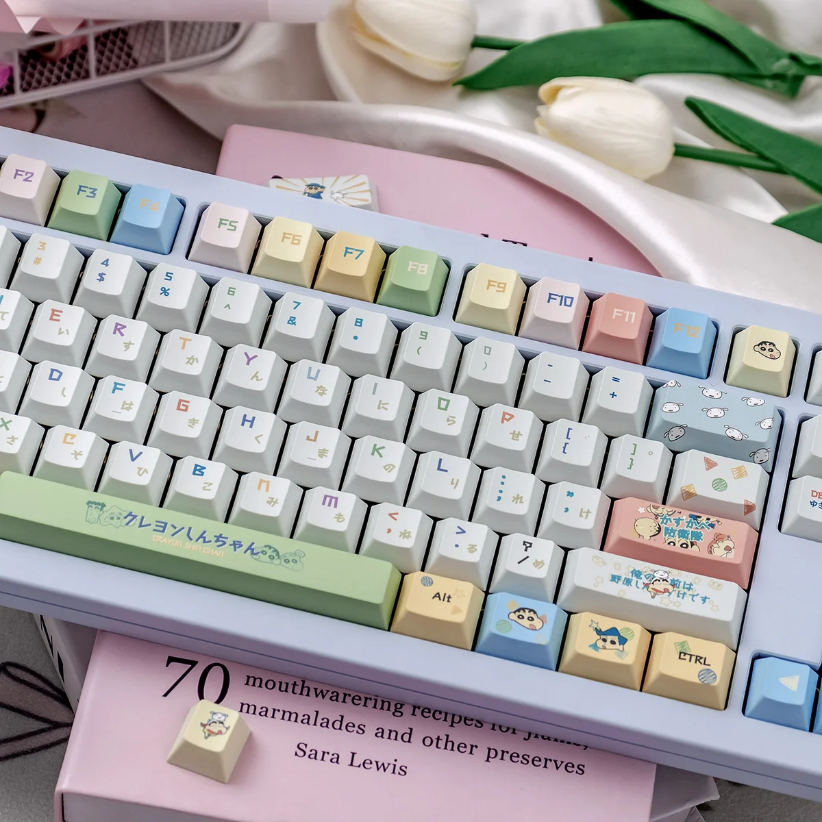 This vibrant gallery shows durable PBT Crayon Shin-chan keycaps set from various angles, highlighting mischievous anime characters and the complete theme.