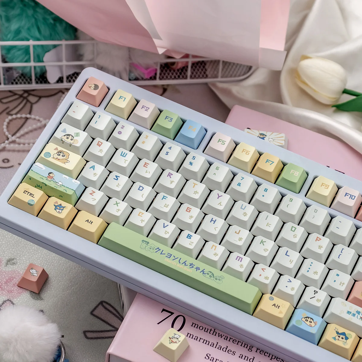Playful Crayon Shin-chan PBT keycaps anime set, shown from various angles. The durable PBT set highlights a vibrant, mischievous cartoon look, ideal for fans and collectors.