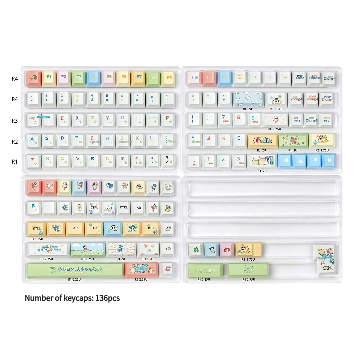 A playful gallery of durable PBT Crayon Shin-chan keycaps set, showcasing the vibrant anime theme set from various angles for unique keyboard customization.