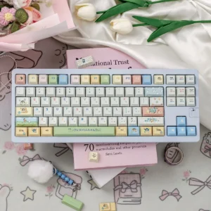 Vibrant Crayon Shin-chan PBT keycaps set for mechanical keyboards, featuring playful anime characters. Durable and perfect for custom keyboard aesthetic.