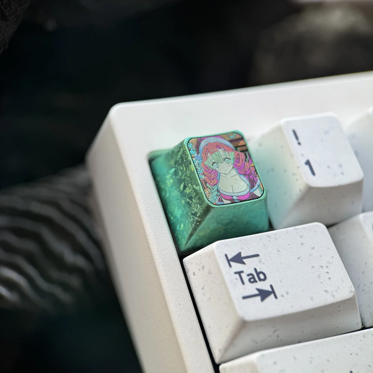 Premium titanium Mitsuri Kanroji Demon Slayer artisan keycap, expertly crafted with vibrant pink and green metallic finish, shown from multiple angles.