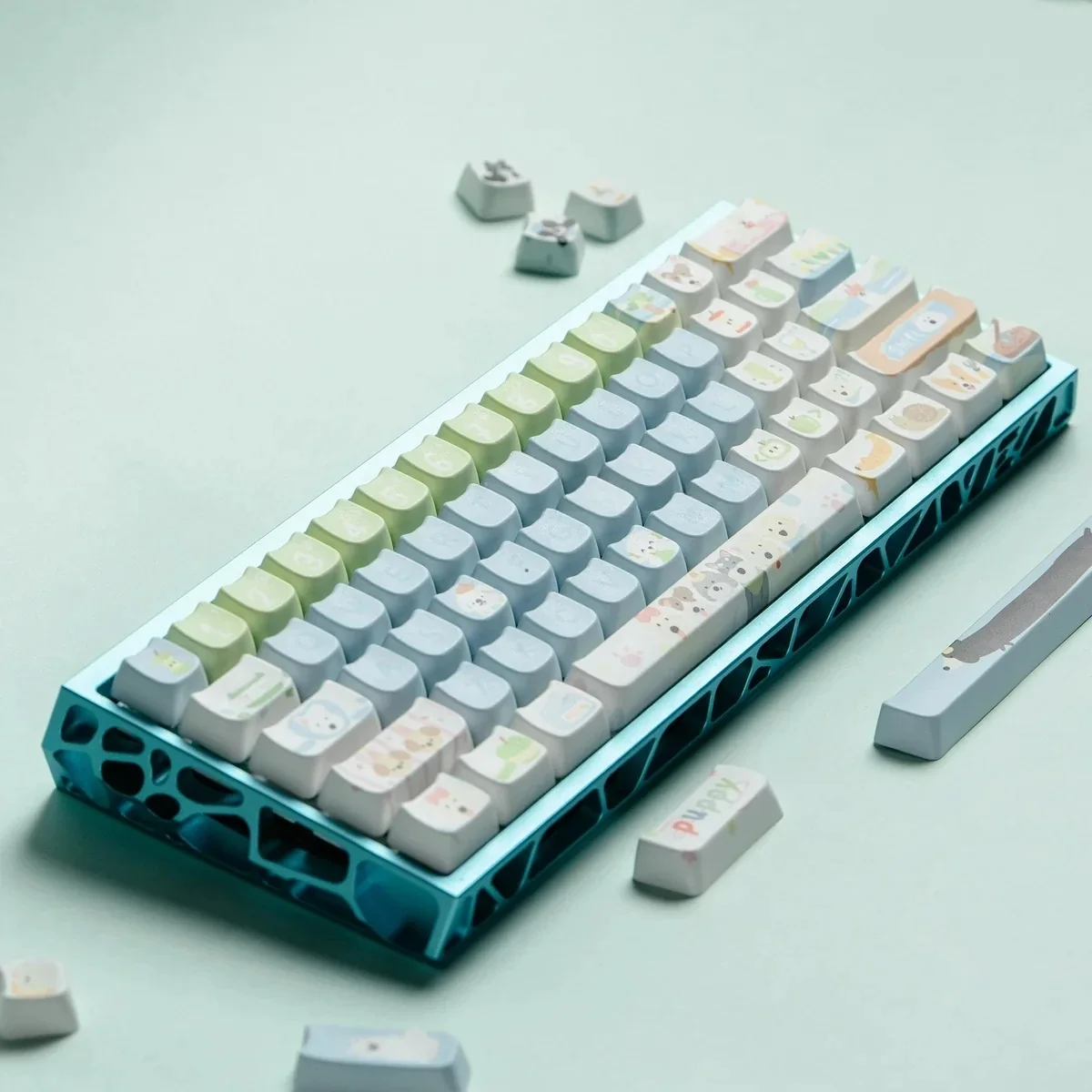 Playful PBT MOA profile Dog Paradise keycaps with adorable dye-sublimated cartoon designs. Shown from multiple angles, highlighting its vibrant, charming, pet-inspired.
