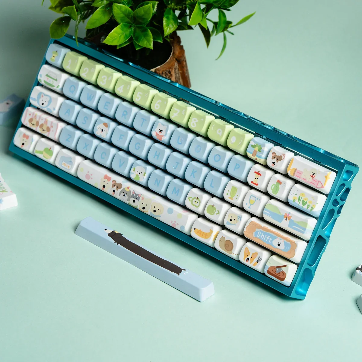Adorable PBT dye-sublimated Dog Paradise keycaps set in ergonomic MOA profile, showcasing vibrant cartoon dogs from various angles. A playful and pet-inspired keyboard.