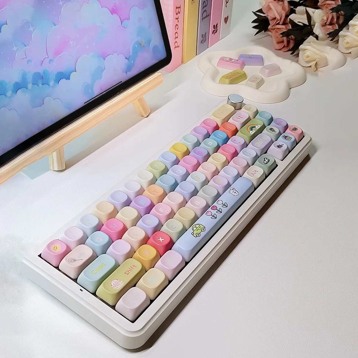 Whimsical PBT Dopamine Keycaps set, angled to show vibrant dye-sublimated candy colors and playful carousel and windmill designs, capturing a childhood design.
