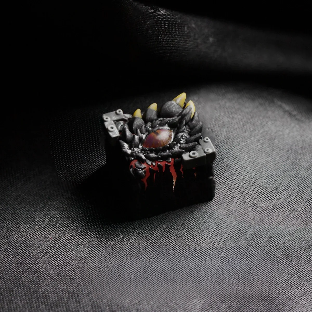 Handcrafted translucent resin Mystical Dragon Eye Keycap, intricate scales, captivating glowing reptilian eye, viewed from multiple angles.