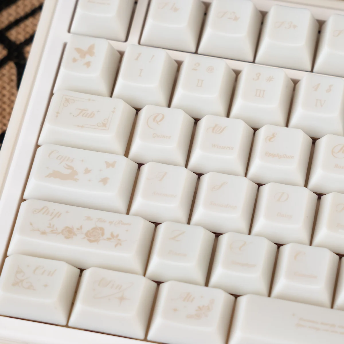 Ethereal Dream Butterfly PC Cherry keycaps set, soft milky white with delicate butterfly motifs. Views show durable PC, Cherry profile, and artistic dream butterfly design.