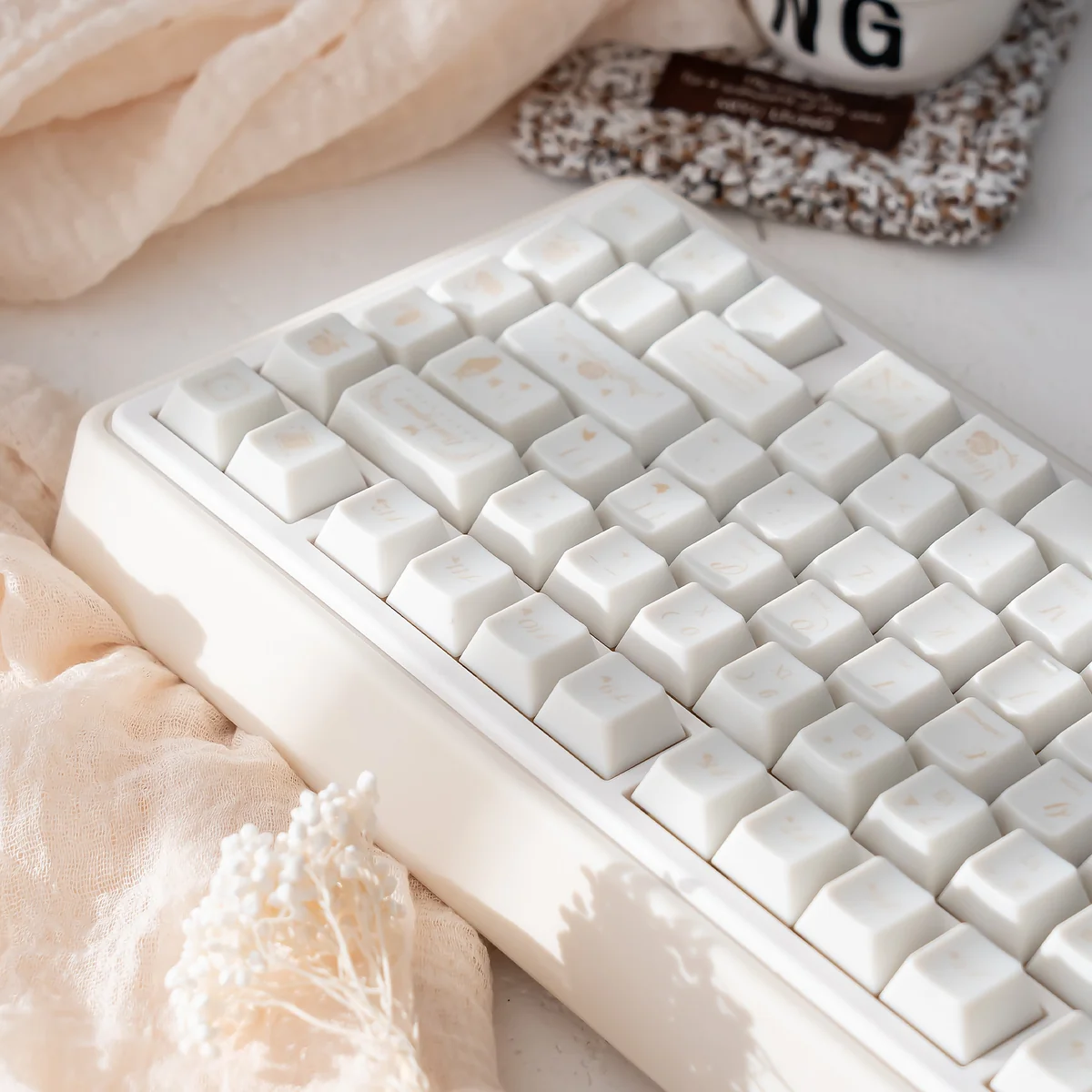 Ethereal Dream Butterfly Keycap Set gallery showcases durable milky white PC keycaps, serene butterfly motifs, and Cherry profile.