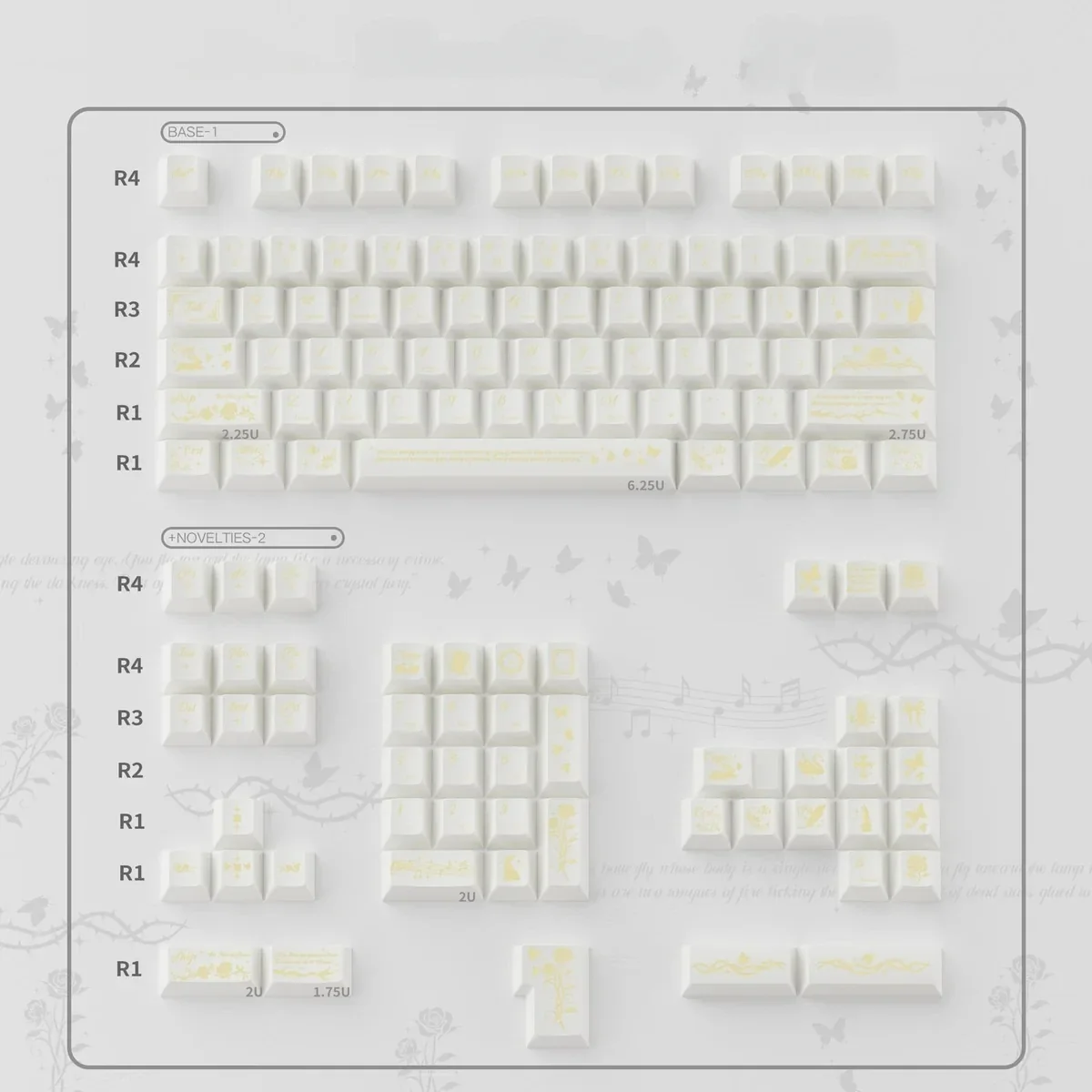 Ethereal Dream Butterfly PC Cherry keycap set, multi-angle view. Delicate butterfly motifs on soft milky white durable PC, achieving a serene, artistic design.