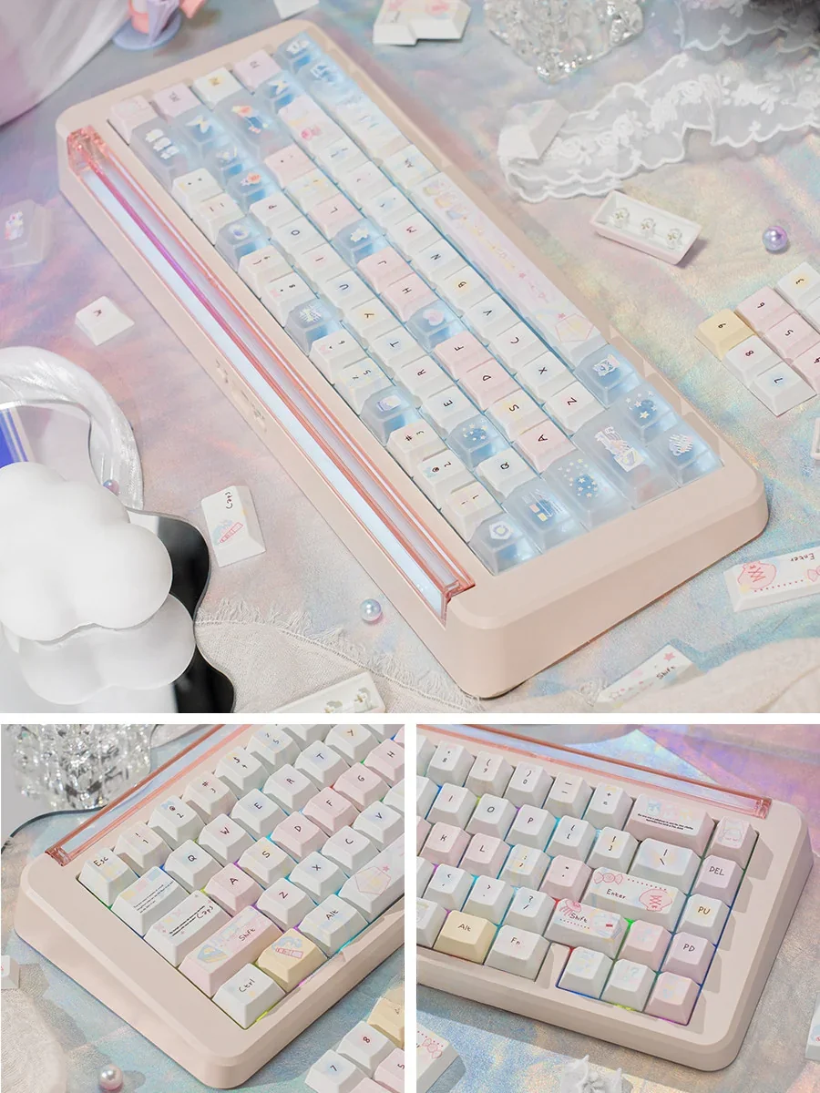 Multiple angles of translucent PBT/PC mechanical keyboard caps, emphasizing the light-infused pastel gradient design.