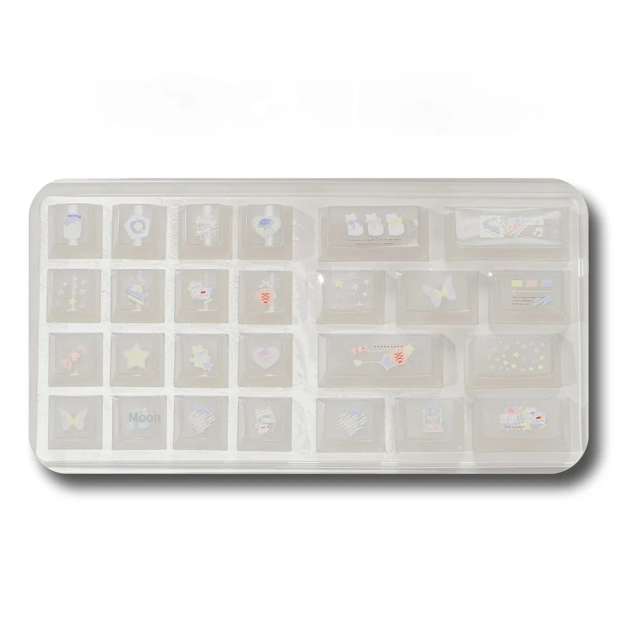26-piece add-on keycaps set in premium packaging, featuring ethereal translucent PBT/PC blend and pastel gradients.