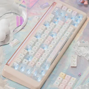 Detailed view of translucent PBT/PC keycaps, showcasing light diffusion and pastel gradient effect on a mechanical keyboard.