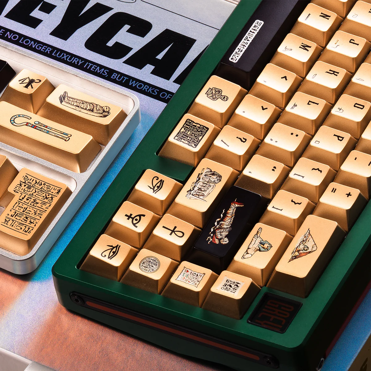 Exquisite Egypt Black & Gold PBT keycap set, featuring intricate hieroglyphs and a luxurious metallic finish, viewed from a dynamic angle.