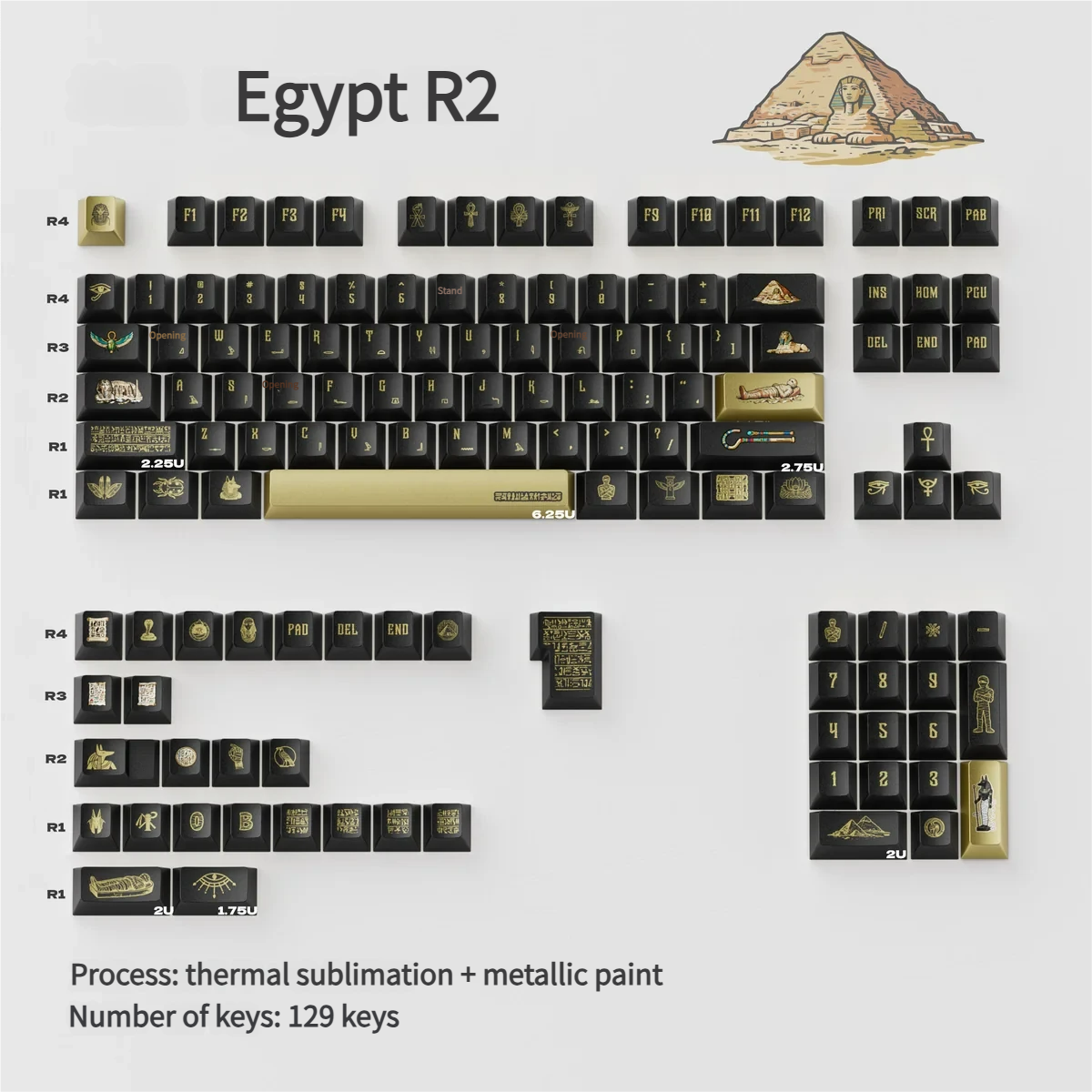 Close-up views of the exquisite Egypt Black & Gold PBT keycap set, highlighting intricate hieroglyphs and the luxurious metallic finish from multiple angles.