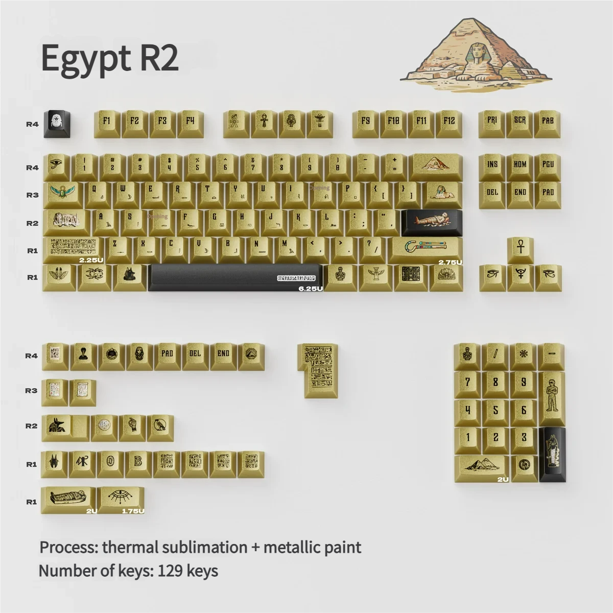 Exquisite Egypt Black & Gold PBT keycap set (R2 variant) with intricate hieroglyphs and a luxurious metallic-look finish.
