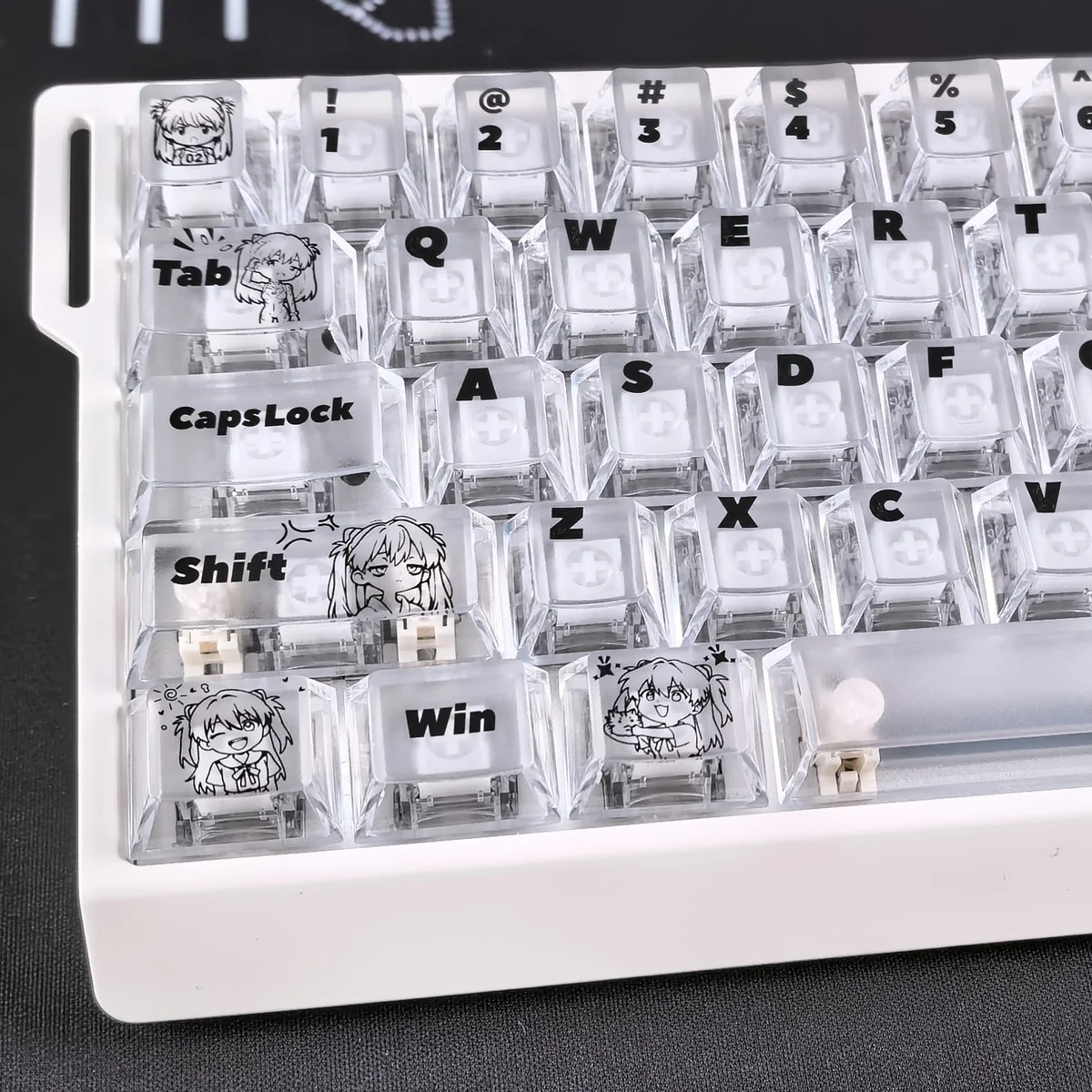 Iconic EVA Asuka translucent PC keycaps set glowing with a futuristic anime aesthetic, captured from various angles to reveal vibrant character details.