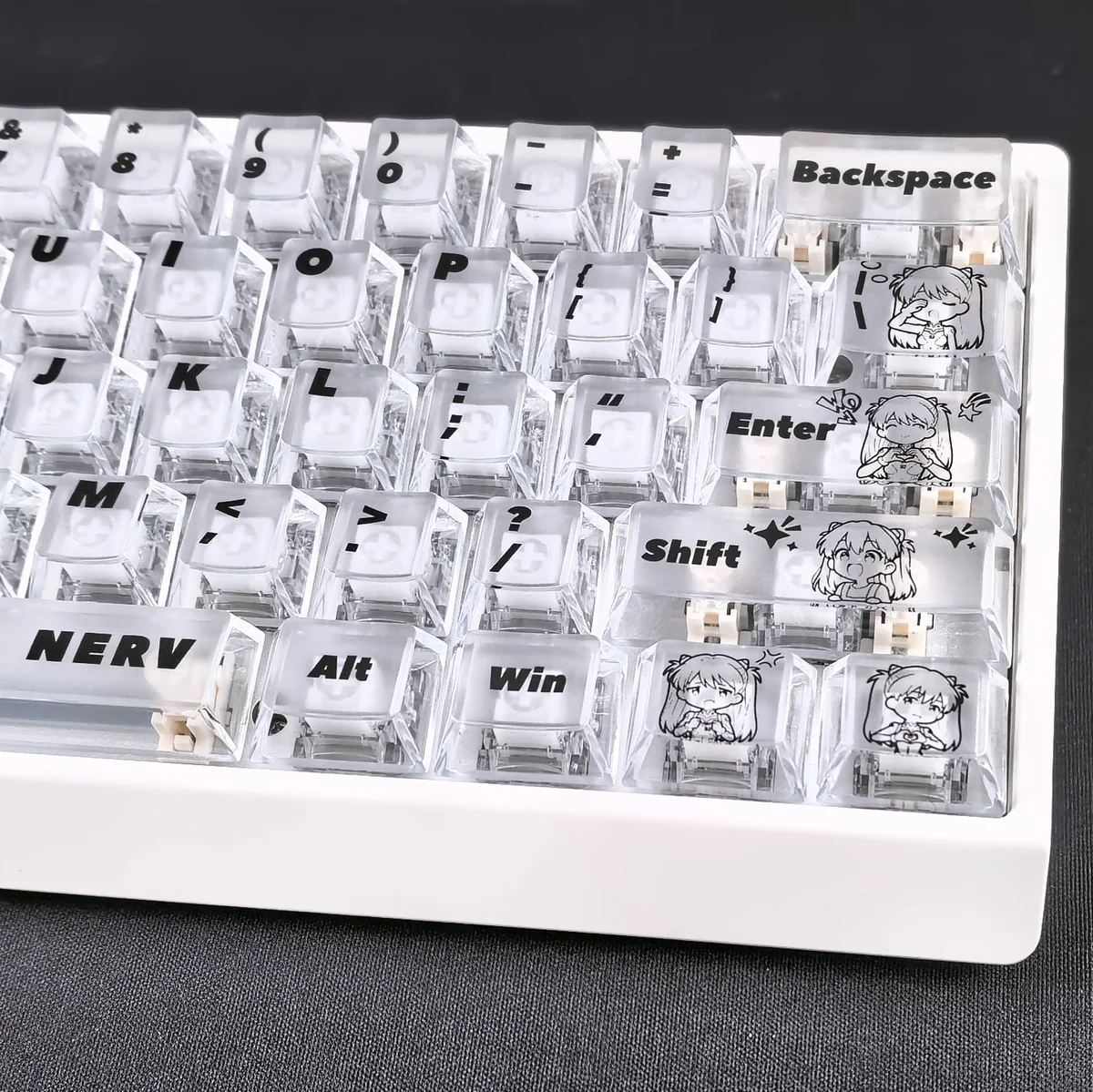 Artistic views of the iconic EVA Asuka translucent PC keycaps set, showcasing its ethereal glow, vibrant anime accents, and futuristic design.