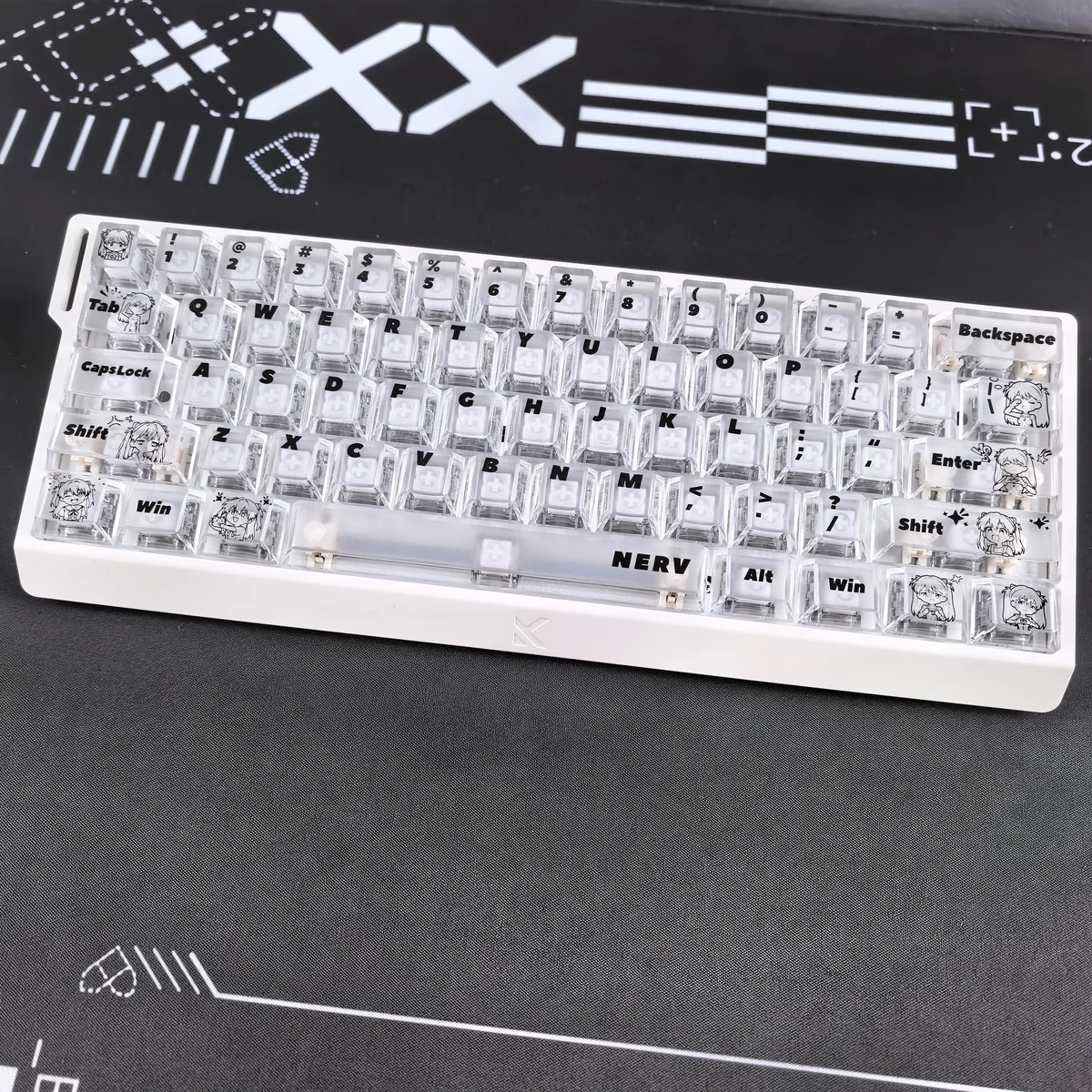 EVA Asuka translucent PC keycaps set, showcasing multiple angles with an ethereal glow and vibrant anime accents, capturing a futuristic artistic aesthetics.