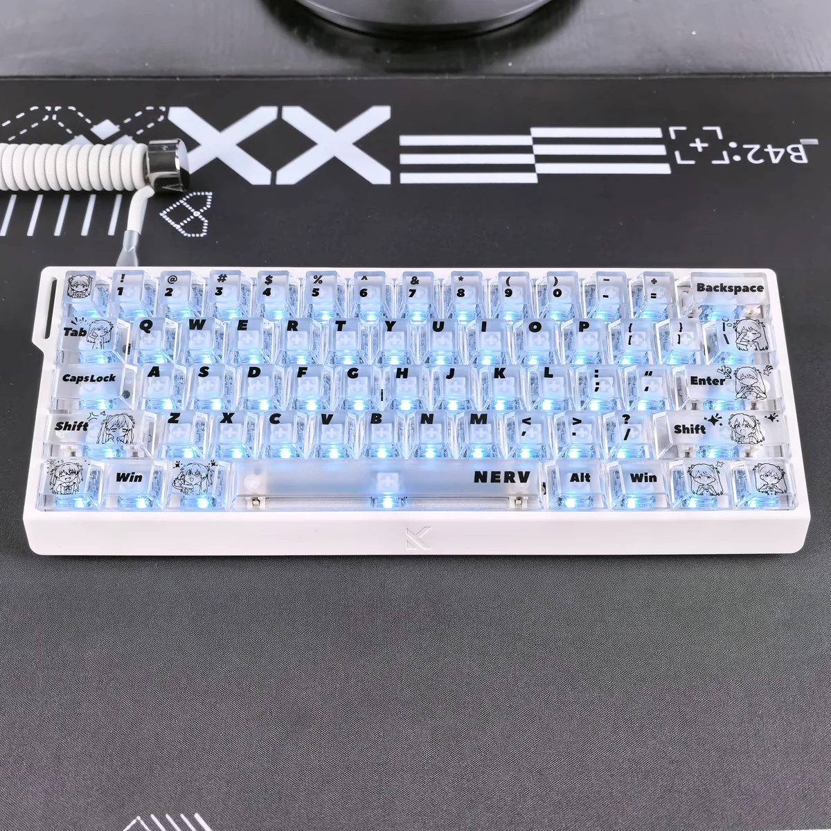 Artistic shot of EVA Asuka translucent PC keycaps set, revealing their ethereal glow and vibrant futuristic anime accents from a unique angle.