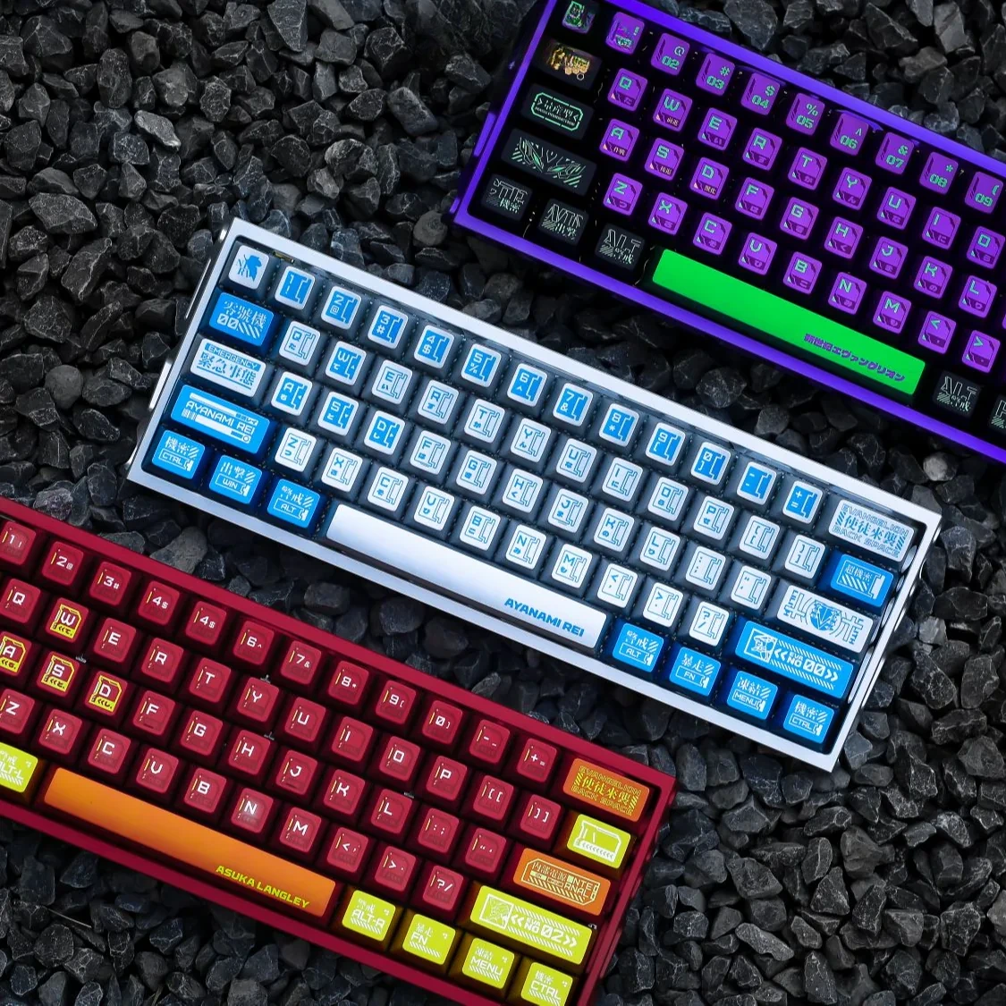 A collection of vibrant Evangelion keycaps set, showcasing various angles of the durable dye-sub PBT set with bold character and mech designs.