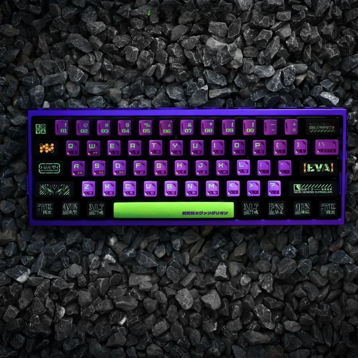 Evangelion keycaps set showcasing various angles, highlighting bold, vibrant dye-sub PBT legends and durable construction, inspired by iconic NGE mechanical keyboard.
