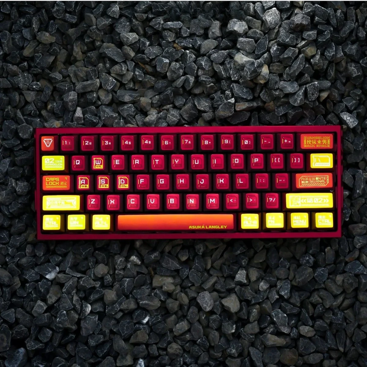 Close-up of vibrant Evangelion keycaps set, showcasing durable dye-sub PBT legends and bold mech designs from a unique angle.