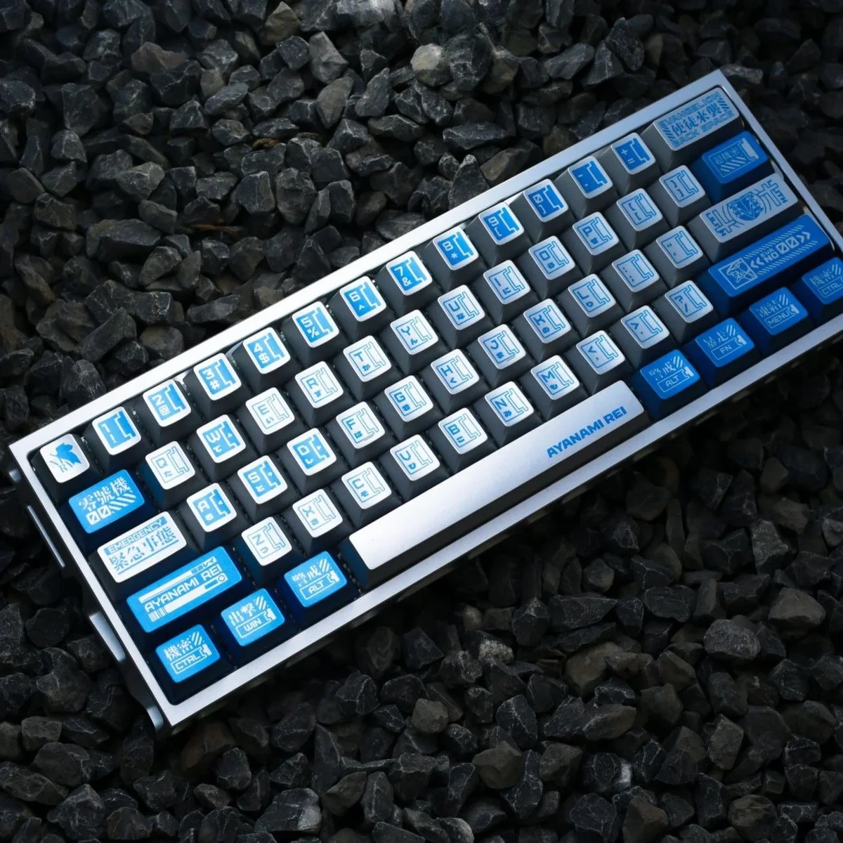 A striking side view of Evangelion dye-sub PBT keycaps set, revealing the vibrant, iconic mech-inspired legends and premium, durable finish.