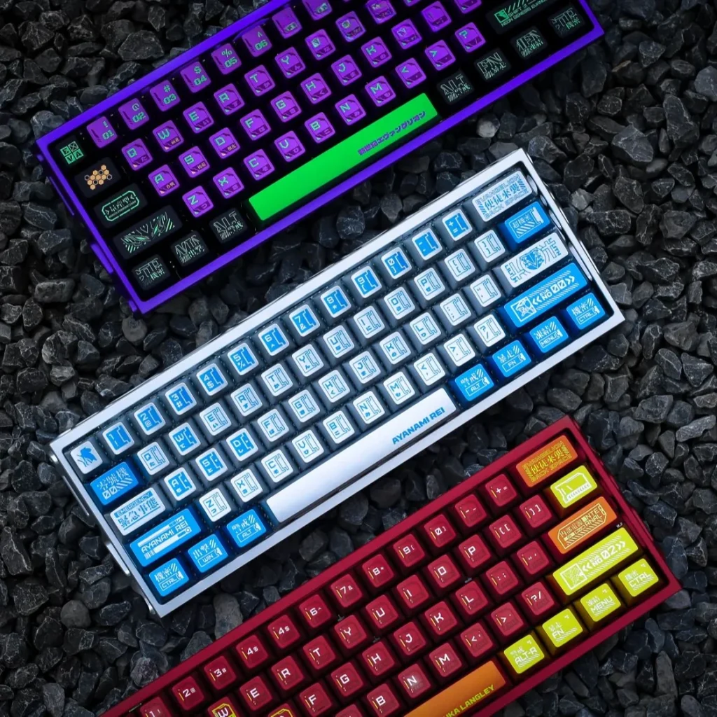 Vibrant Evangelion keycaps set showcasing iconic mech and character designs with durable dye-sub PBT legends for a premium keyboard aesthetic.