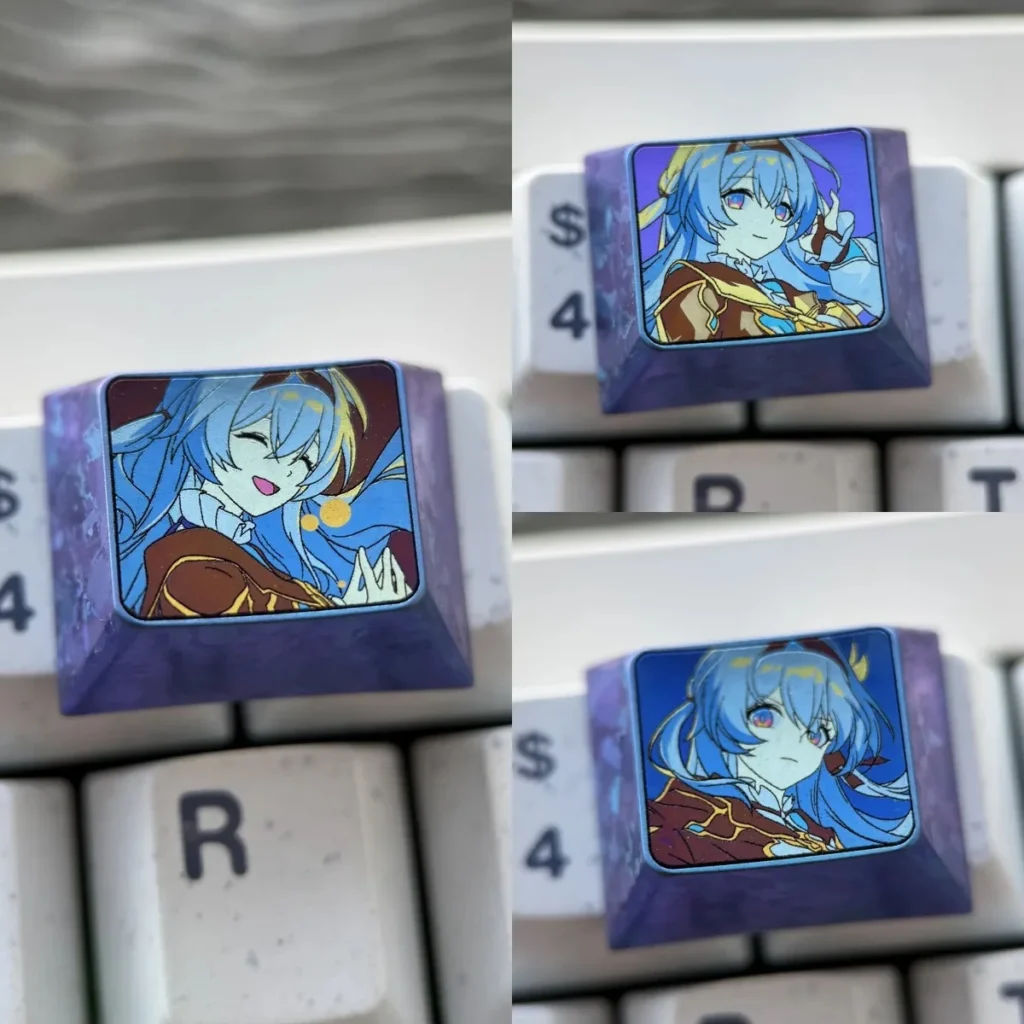 Premium titanium Honkai Star Rail Firefly keycap featuring intricate mecha details and a stunning metallic finish.