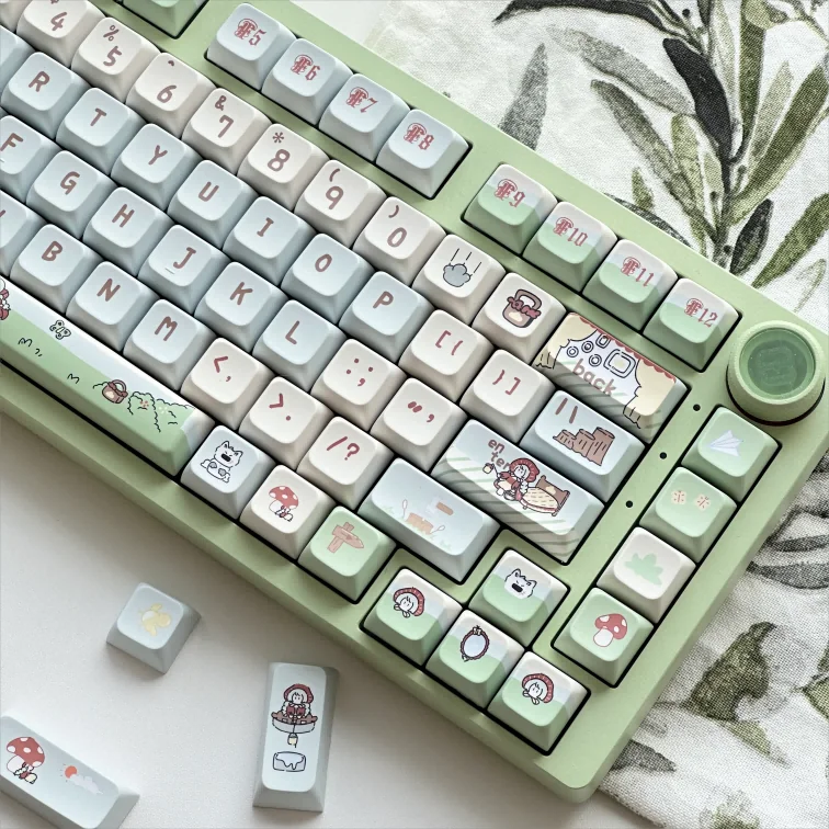 Spring Forest Whimsy PBT keycaps set gallery: enchanting forest design, whimsical flora, and durable PBT material shown from various angles.