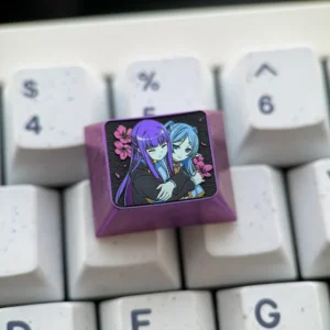 Premium Frieren Fern titanium artisan keycaps, intricately designed with anime characters, displayed from multiple angles to highlight the anodized titanium material.