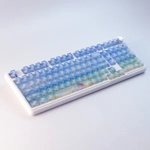 Sea Salt Frosted PC Gradient Keycaps set. Artistic ocean-inspired blue and white gradient, translucent frosted finish, and light-diffusing summer aesthetics.