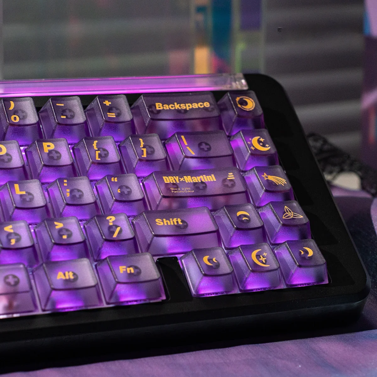 Close-up of Frosted Twilight Purple keycaps, emphasizing smooth PC texture and Cherry profile.