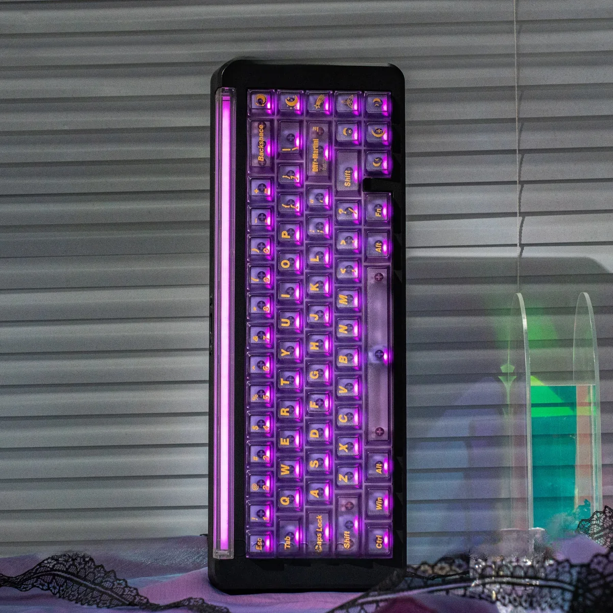 Aesthetic desk setup featuring custom Twilight Purple keyboard caps, creating a serene ambiance.