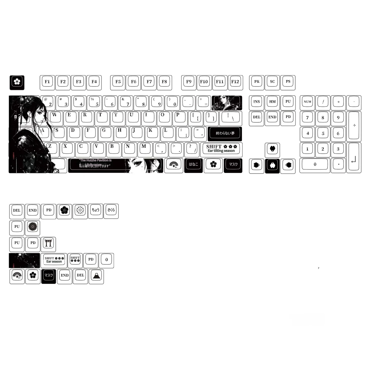 Artistic view of the Geisha backlit PBT dye-sub keycap set, revealing intricate traditional Japanese motifs and vibrant cherry blossom patterns.