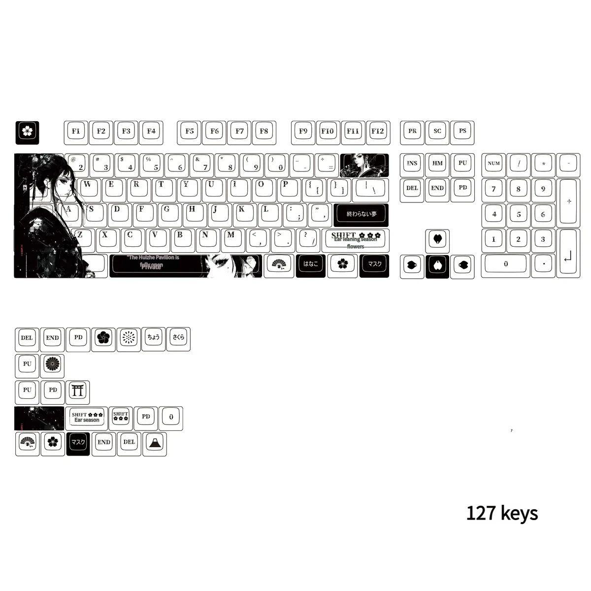 Exquisite Geisha PBT dye-sub keycaps set, showcasing intricate cherry blossom designs and vibrant RGB backlighting from multiple angles.