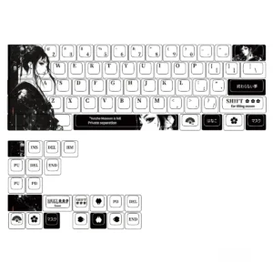 Exquisite Geisha Keycaps set, PBT dye-sub, featuring traditional Japanese motifs, cherry blossoms, and vibrant RGB backlighting.