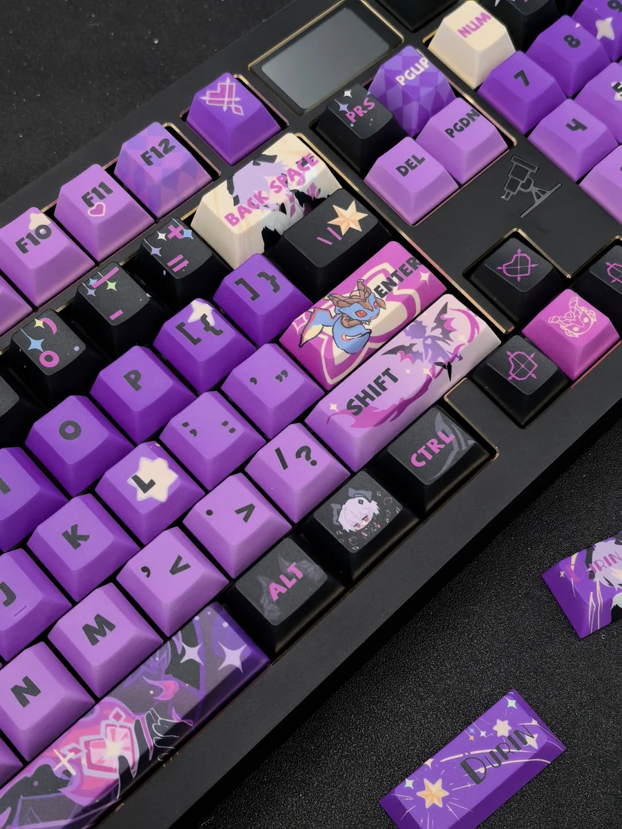 Exclusive Genshin Impact Durin artisan keycap set gallery, showcasing the intricate dark fantasy corrupted dragon design from multiple artistic angles.