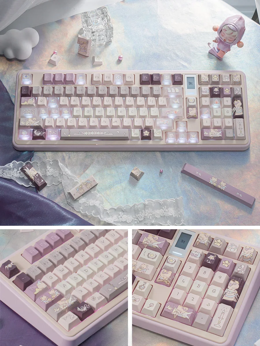 Novelty celestial keyboard caps in shimmering translucent purple, displayed from multiple artistic angles.