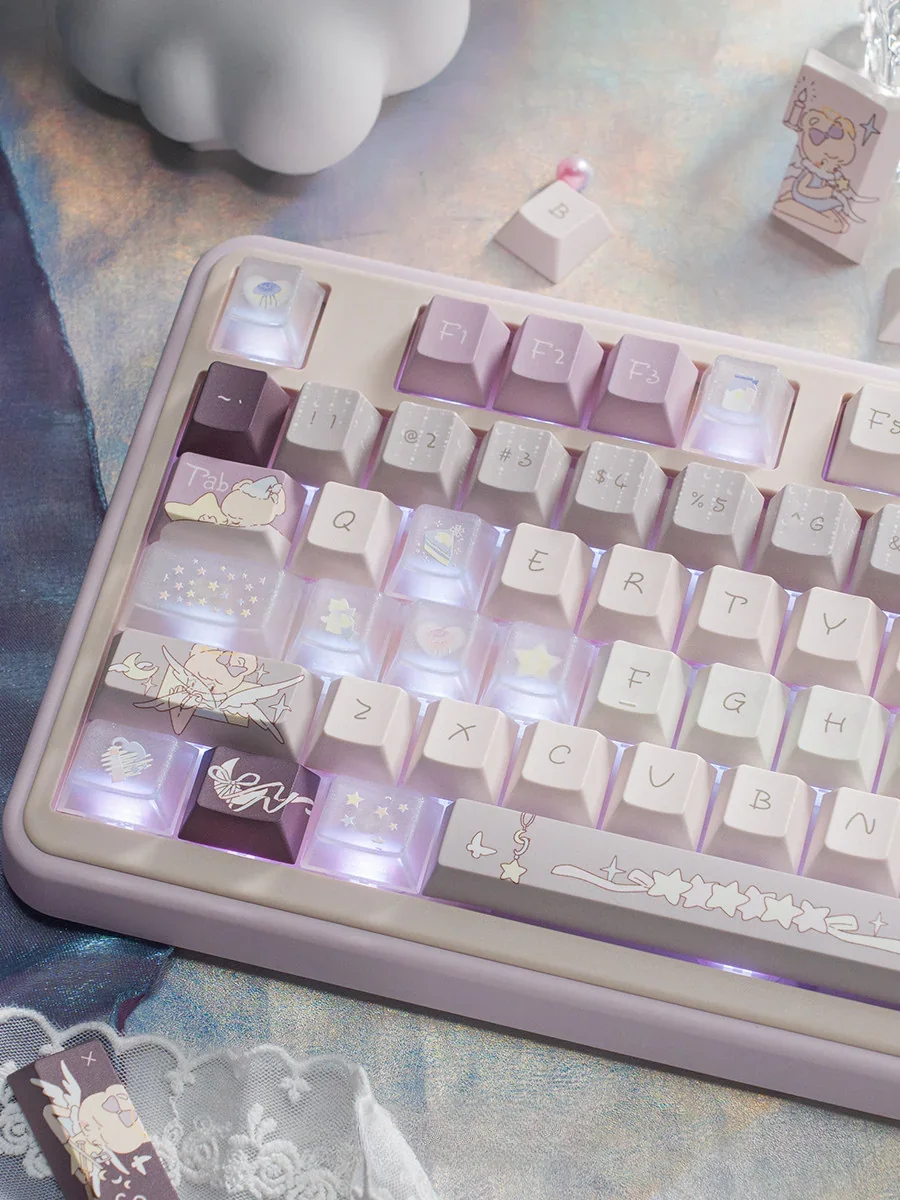 Close-up of translucent purple mechanical keyboard keycaps with sparkling glitter, highlighting fine details.