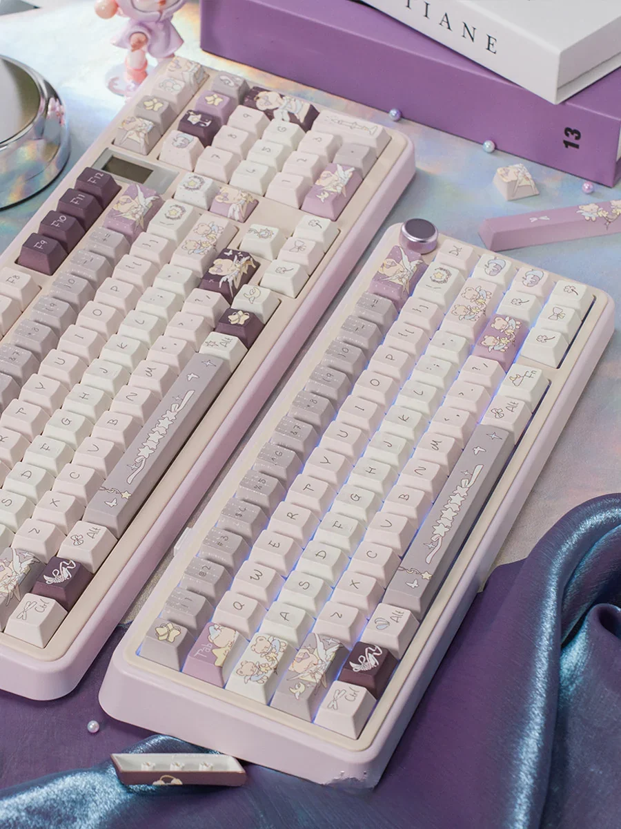 Starry night themed custom keyboard caps in translucent purple with sparkling glitter, perfect for aesthetic setups.