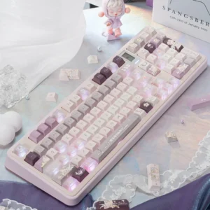 Custom purple glitter keyboard caps for mechanical keyboards, showcasing an ethereal stardust design.