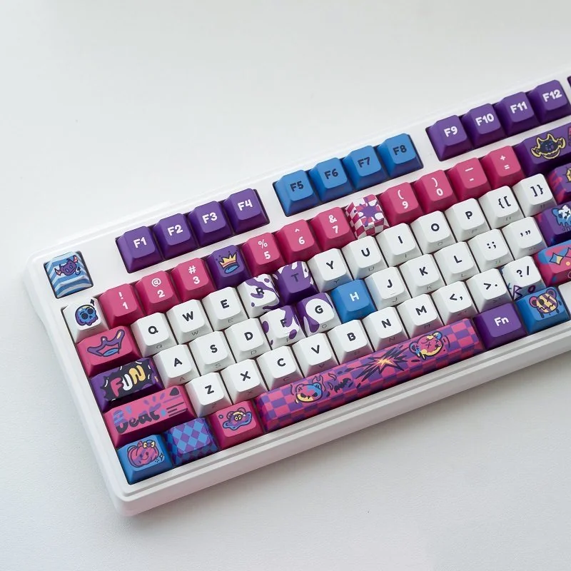 Gallery view of durable PBT Playful Graffiti Bear Keycaps Set, highlighting their vibrant urban art, unique bear design, and quality from different angles.