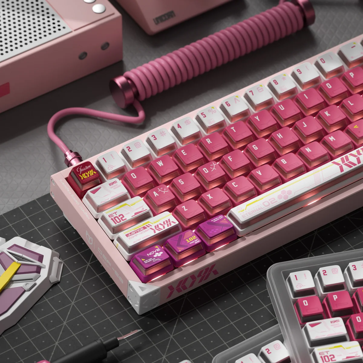 Detailed front view of the premium ZGMF-X09A Justice Gundam backlit keycap set, showcasing its iconic mecha design and vibrant, futuristic glow, a collectible setup.