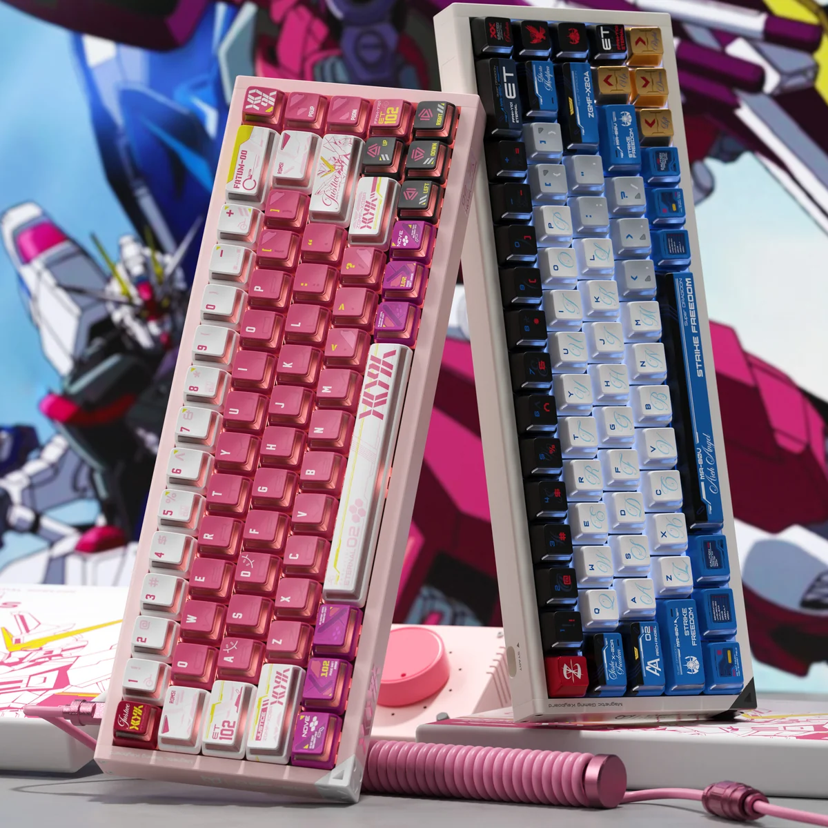 An angled view of the ZGMF-X09A Justice Gundam backlit keycap set, revealing its iconic futuristic mecha design with vibrant, premium glowing details.