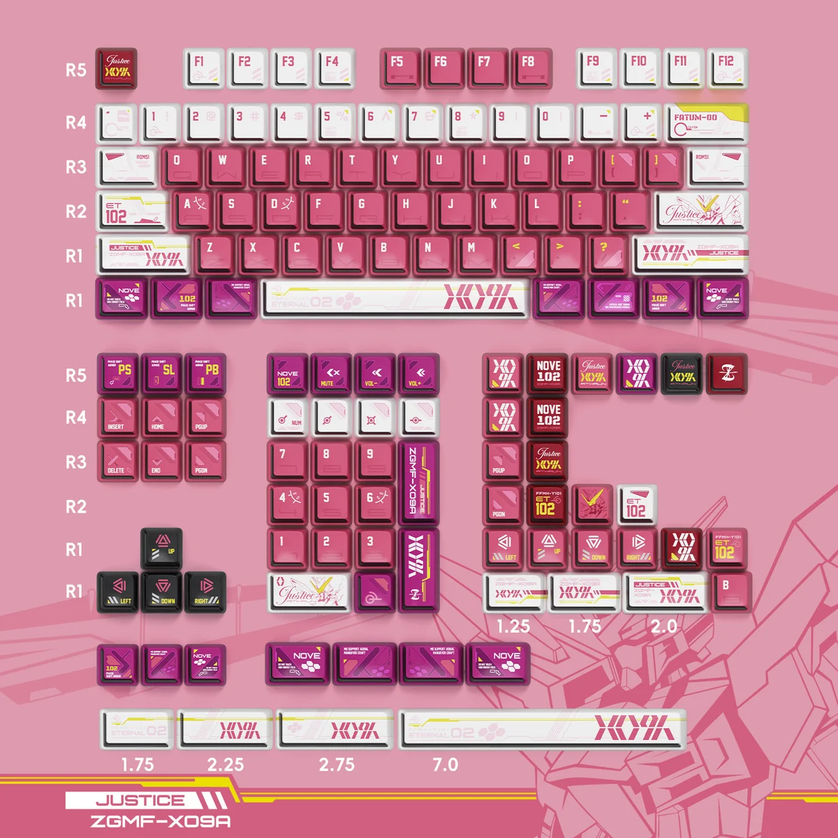 ZGMF-X09A Justice Gundam backlit keycap set showcasing its iconic mecha design from multiple angles. Vibrant, futuristic details glow, highlighting premium design.