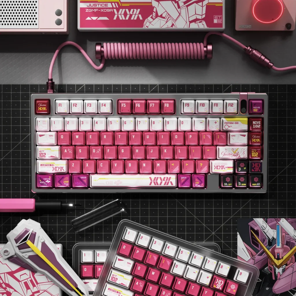 Close-up of the iconic ZGMF-X09A Justice Gundam backlit keycap set, showcasing its vibrant, futuristic mecha design and premium craftsmanship.