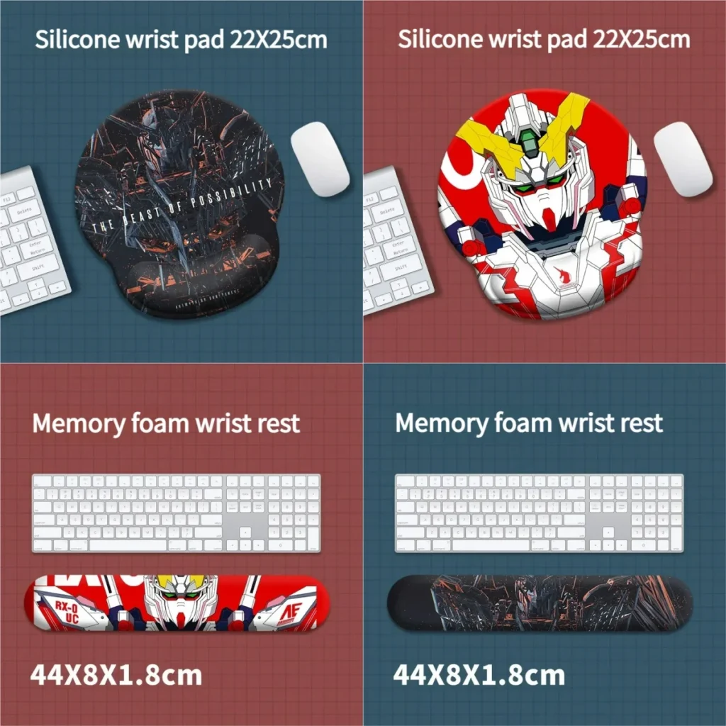 Artistic Gundam Wrist Pad & Wrist Rest showcasing iconic Unicorn, RX-78-2, Exia, Zaku II mechs. Experience ergonomic comfort and legendary fan pride.